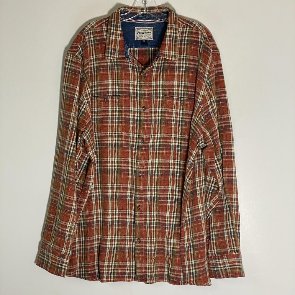 Flag & Anthem Shirt Mens 2XL Orange Plaid Flannel Cotton Button Up Long Sleeve